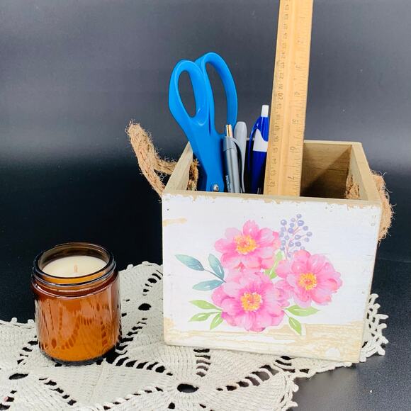 Decorative Wooden Box Tina Wenke Small Rope Handle Pink Floral Arrangement Gift - Picture 11 of 12